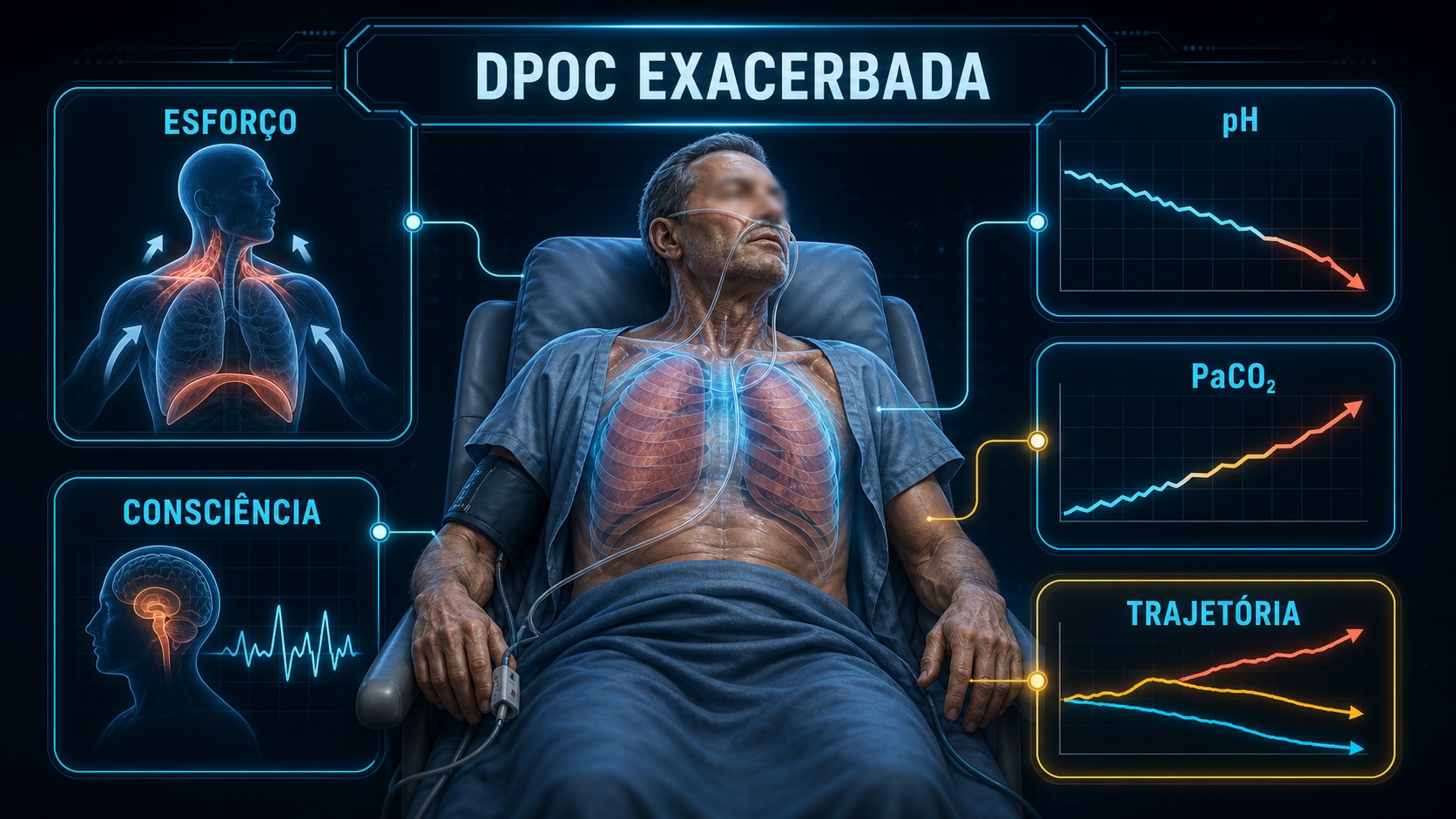 Mapa visual da exacerbação de DPOC integrando esforço respiratório, pH, PaCO2, consciência e trajetória clínica.