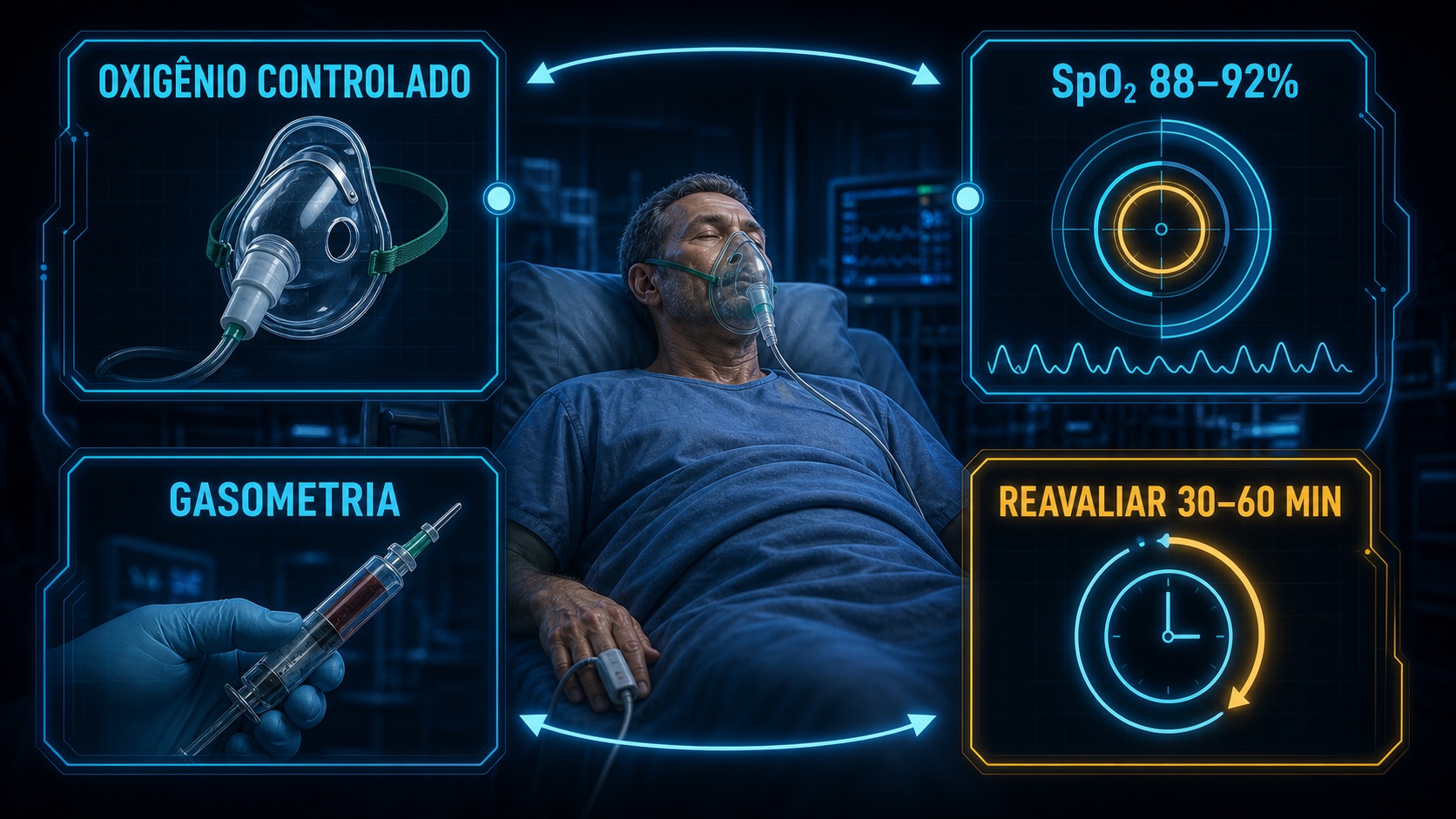 Fluxo visual de oxigênio controlado na DPOC com alvo inicial de SpO2 entre 88 e 92 por cento, gasometria e reavaliação.