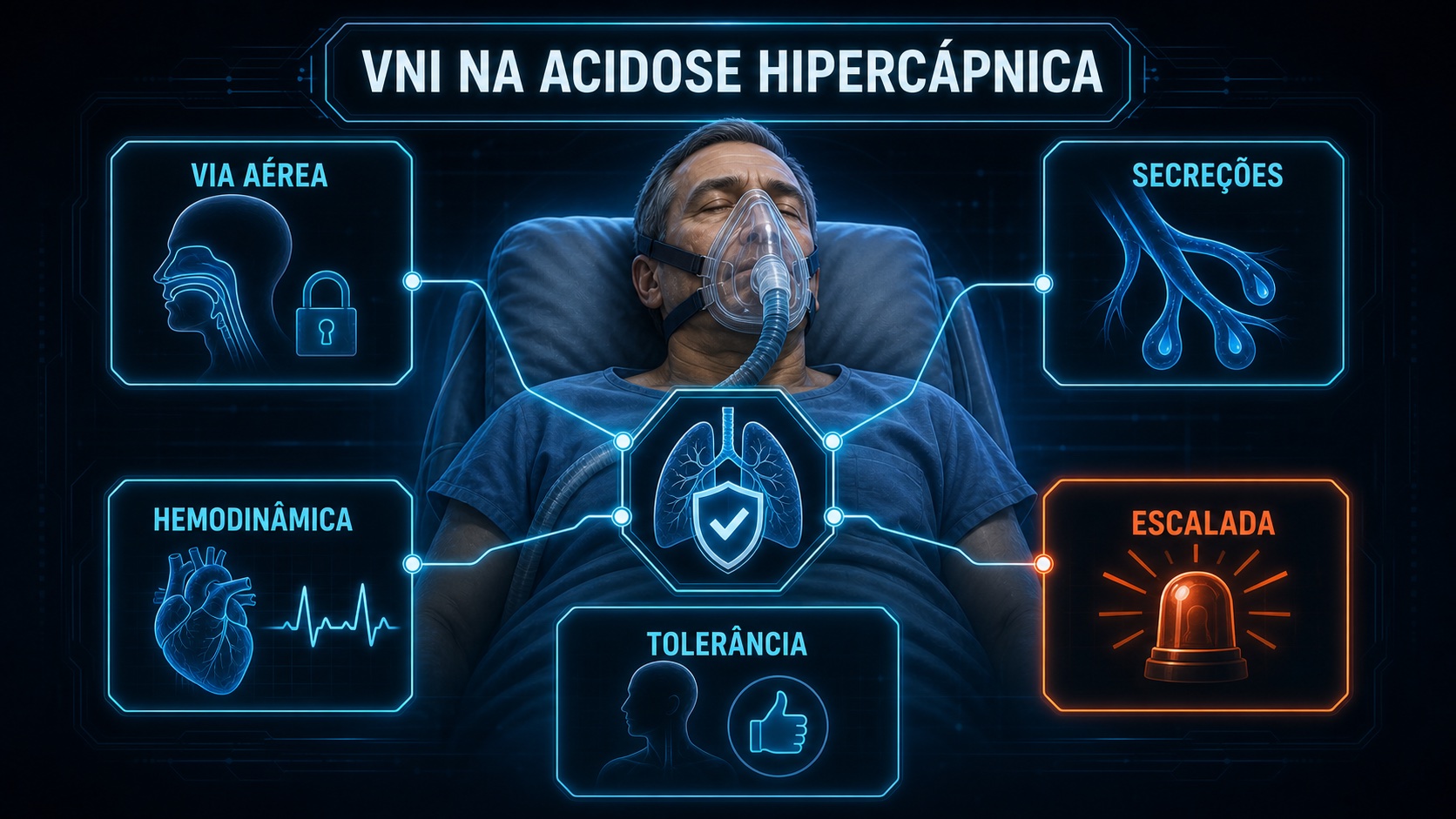 Checklist visual para seleção segura de ventilação não invasiva na DPOC com acidose hipercápnica.