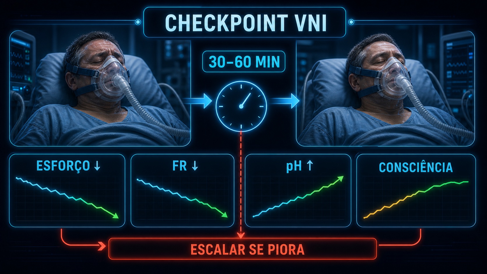 Checkpoint de ventilação não invasiva em 30 a 60 minutos avaliando esforço, frequência respiratória, pH, consciência e critérios de escalada.