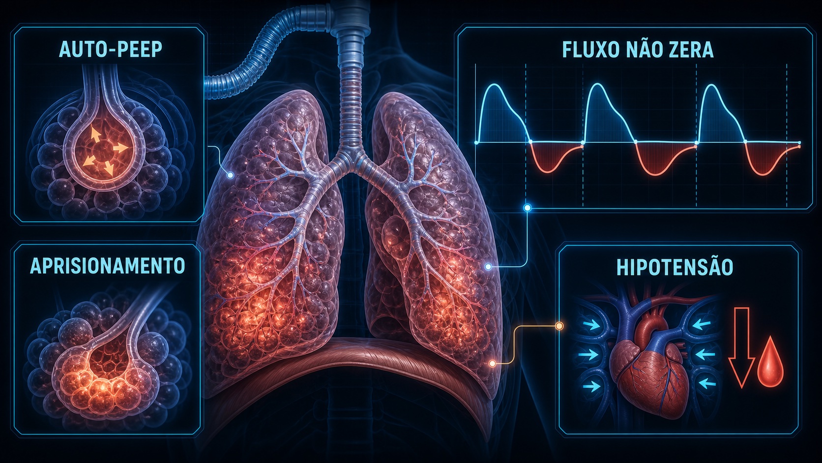 Curva fluxo-tempo mostrando fluxo expiratório sem retornar a zero, aprisionamento aéreo, auto-PEEP e repercussão hemodinâmica.