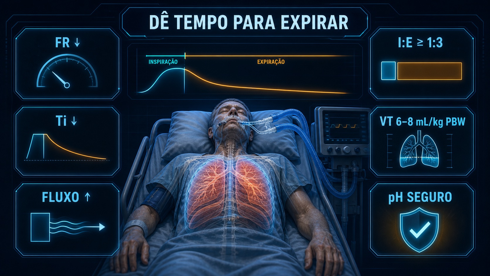 Estratégia inicial de ventilação invasiva obstrutiva para ampliar o tempo expiratório, reduzir frequência e aceitar pH seguro.
