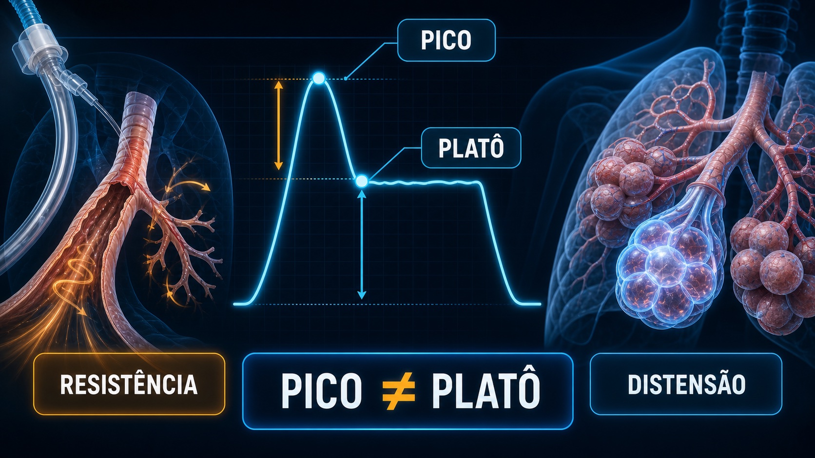 Comparação visual entre pressão de pico e pressão de platô para diferenciar resistência elevada de pressão de distensão.