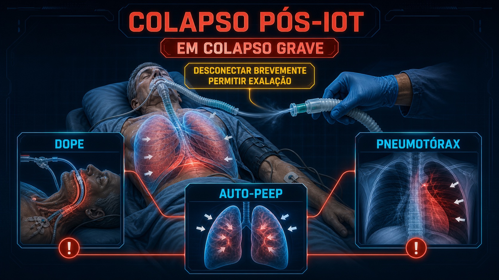 Algoritmo visual para hipotensão grave após intubação em paciente obstrutivo, incluindo desconexão breve, DOPE e pneumotórax.
