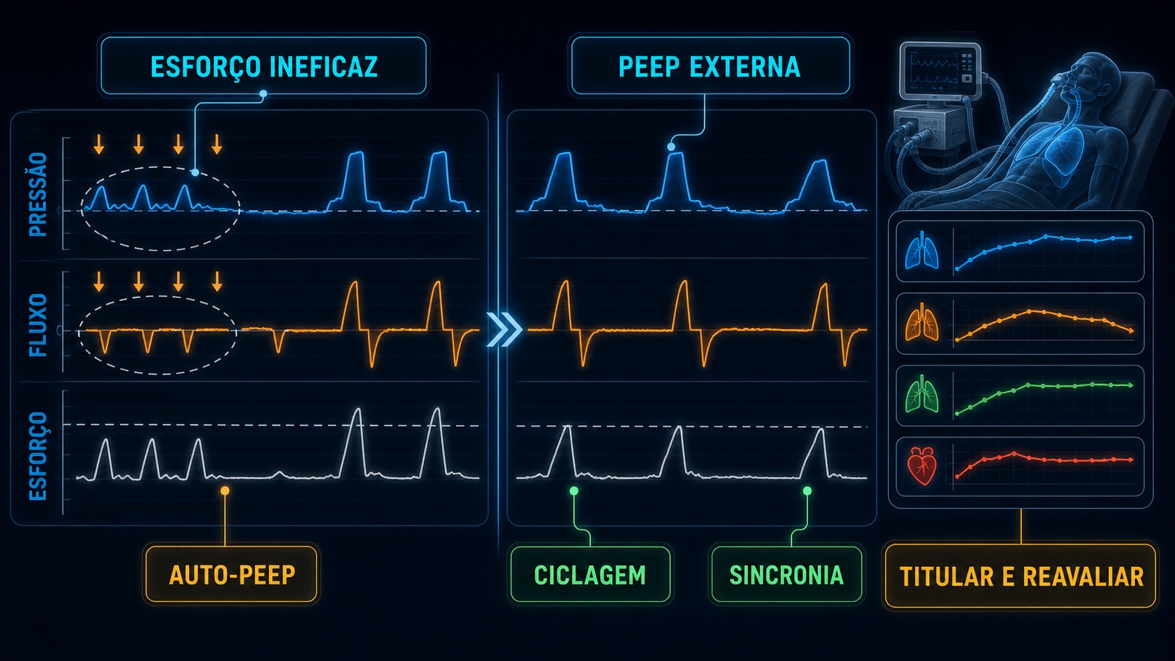 Curvas de pressão, fluxo e esforço mostrando esforço ineficaz e titulação cautelosa de PEEP externa na obstrução.