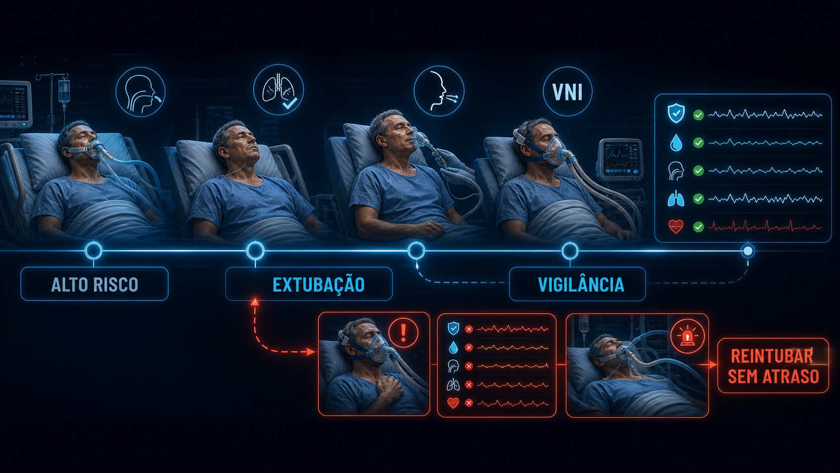 Fluxo de extubação de alto risco para ventilação não invasiva preventiva, vigilância e reintubação sem atraso se houver falha.