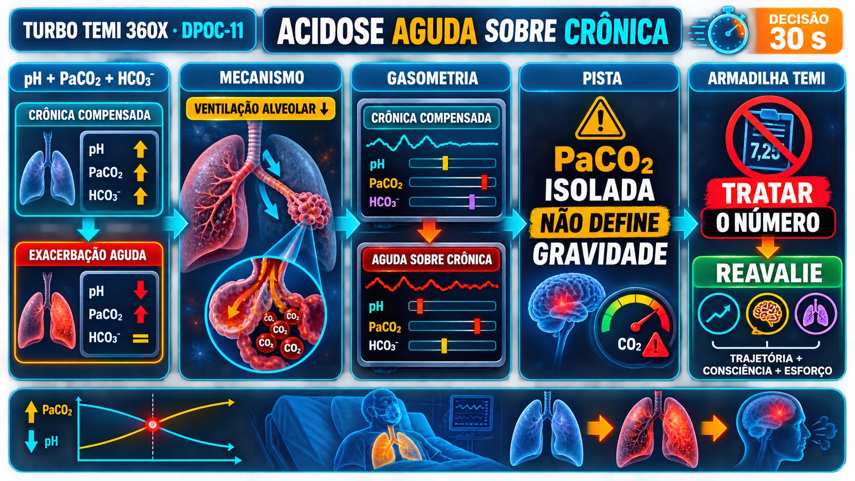 Mapa Turbo TEMI para interpretar acidose respiratória aguda sobre crônica na DPOC integrando pH, PaCO2, bicarbonato, compensação e trajetória clínica.