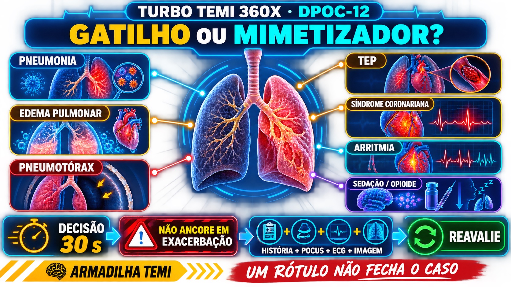 Painel diagnóstico Turbo TEMI diferenciando gatilhos e mimetizadores de exacerbação de DPOC, incluindo pneumonia, edema pulmonar, pneumotórax, embolia, isquemia, arritmia e depressores respiratórios.