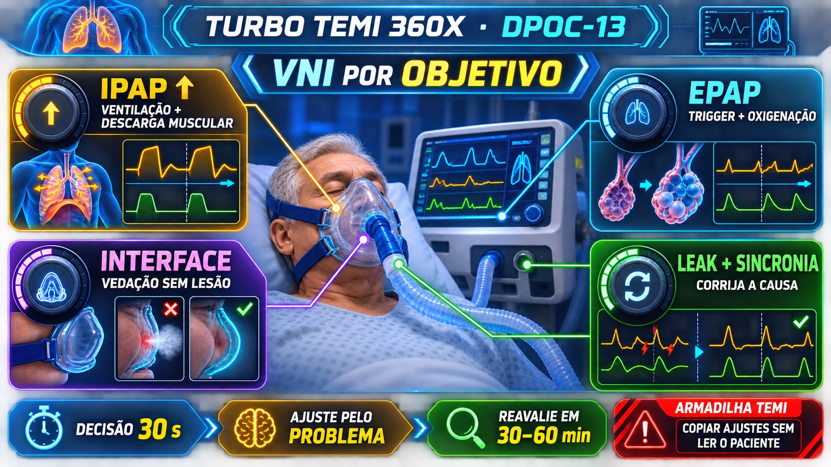 Diagrama Turbo TEMI de ventilação não invasiva por objetivos mostrando IPAP para assistência ventilatória, EPAP para disparo e oxigenação, além de interface, vazamento e sincronia.
