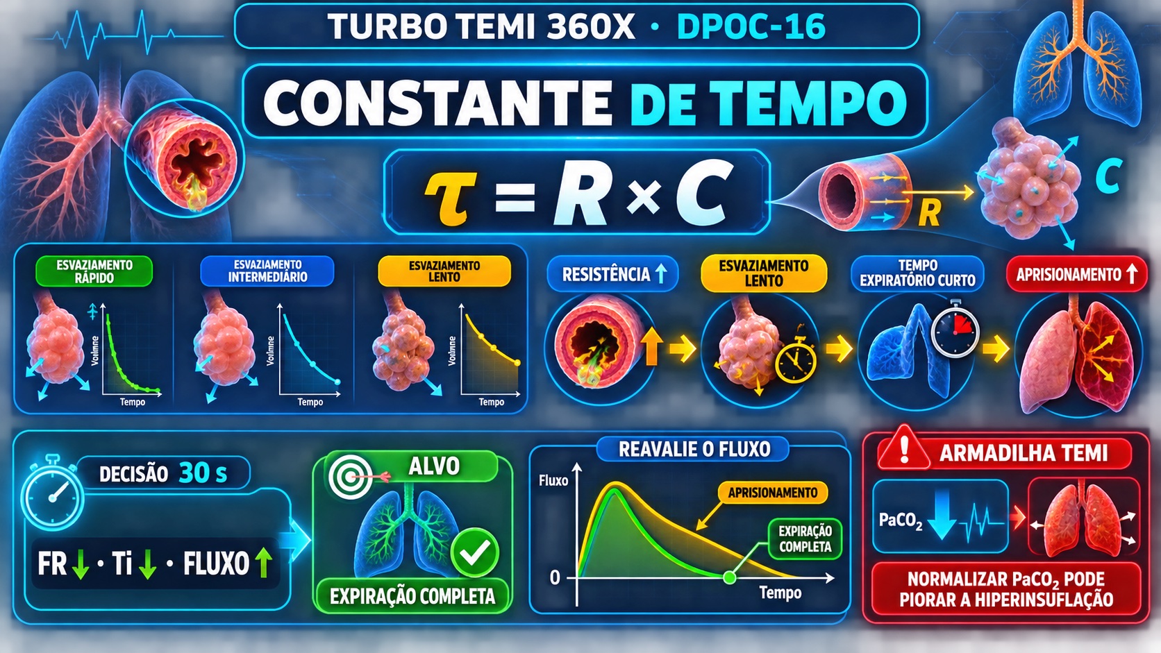 Infográfico Turbo TEMI da constante de tempo pulmonar, tau igual resistência vezes complacência, relacionando esvaziamento lento, frequência respiratória, tempo inspiratório e fluxo.
