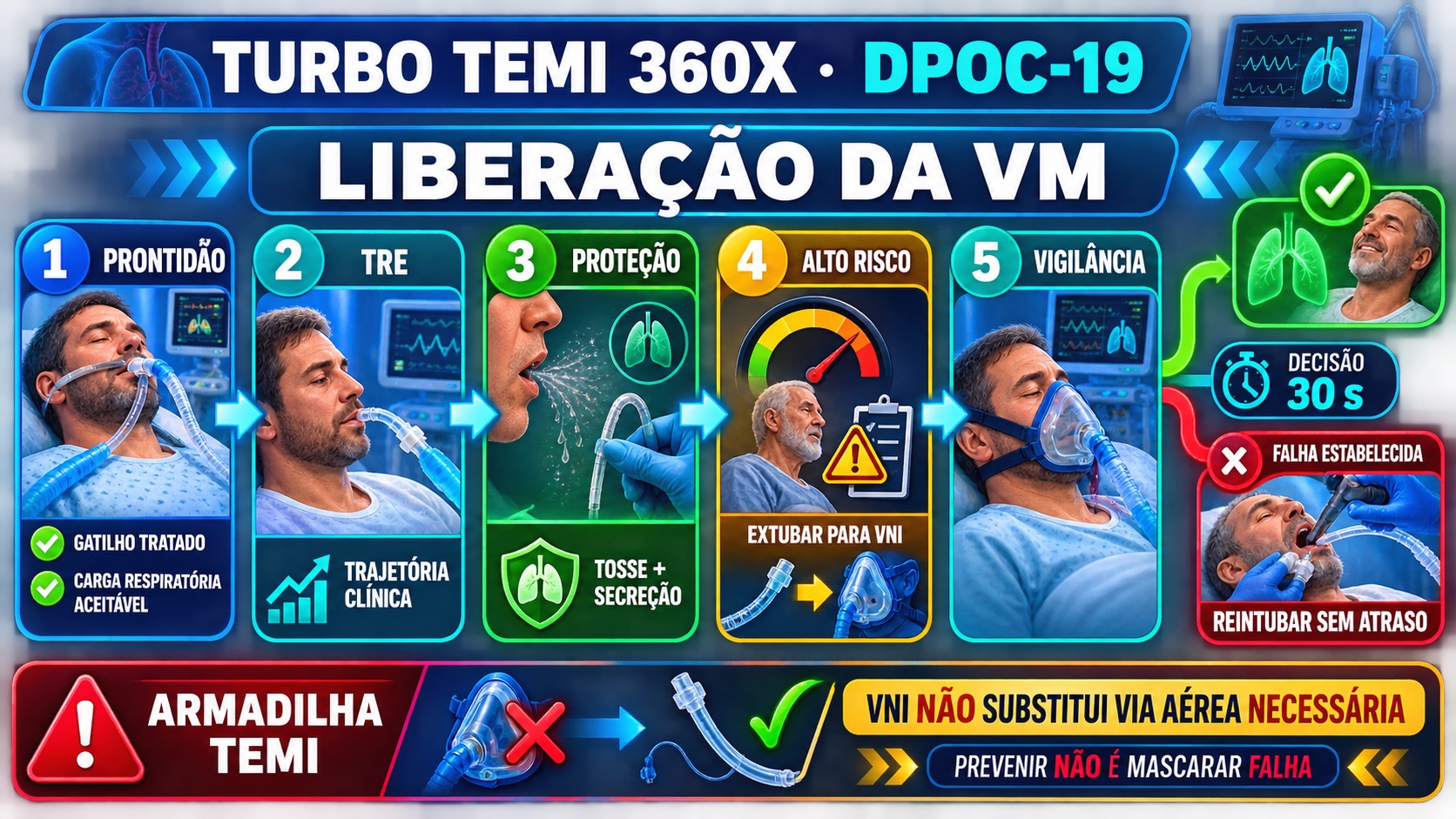 Fluxo Turbo TEMI de liberação da ventilação mecânica na DPOC com prontidão, teste de respiração espontânea, tosse, secreções, extubação de alto risco para VNI e reintubação se falha.