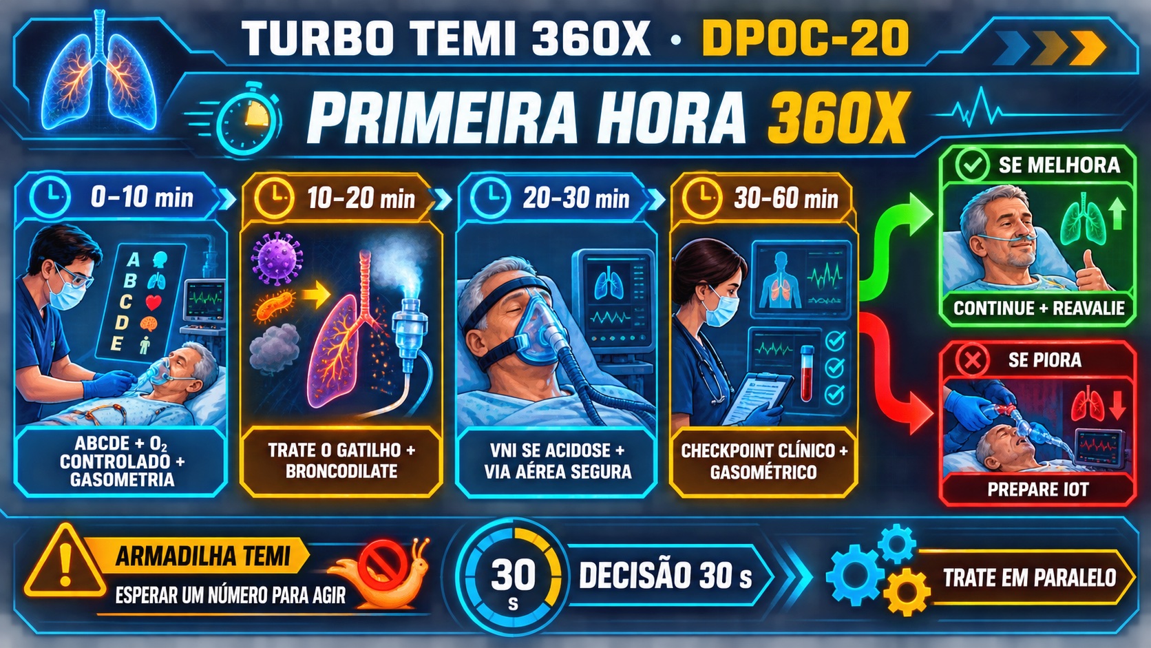 Linha do tempo Turbo TEMI 360X da primeira hora na exacerbação grave de DPOC com ABCDE, oxigênio controlado, gasometria, gatilho, broncodilatação, VNI e checkpoint de resposta.