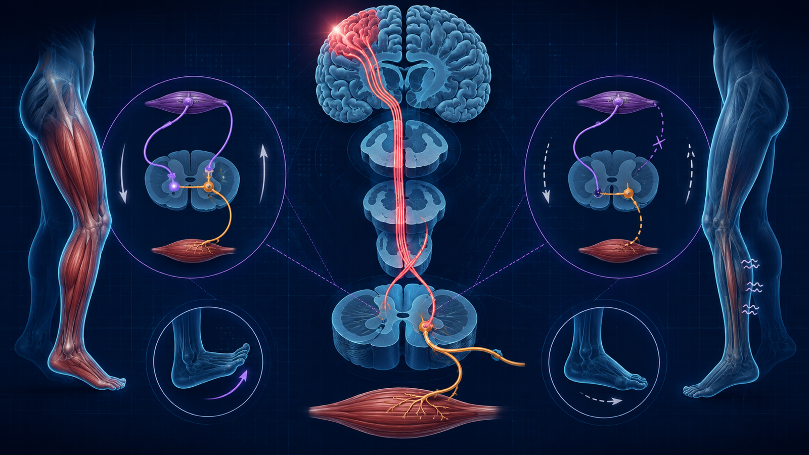 Ilustração conceitual da via corticoespinal desde o córtex motor até a medula e o neurônio motor inferior.