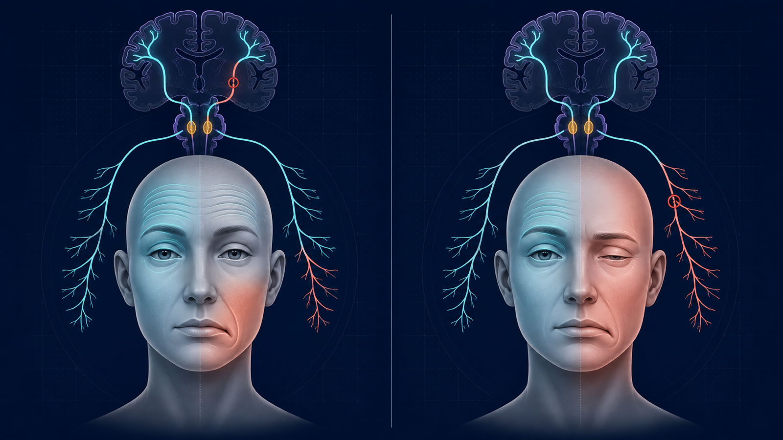 Comparação conceitual entre fraqueza facial de padrão supranuclear e fraqueza nuclear ou periférica do nervo facial.