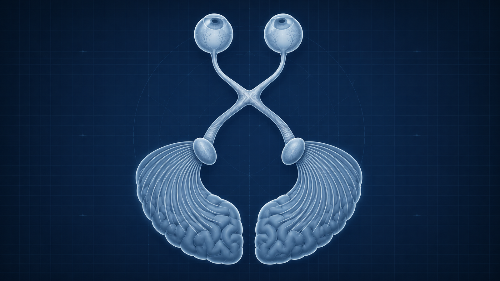 Sequência conceitual simétrica dos olhos, nervos ópticos, quiasma, tratos, relés, radiações e córtex occipital.