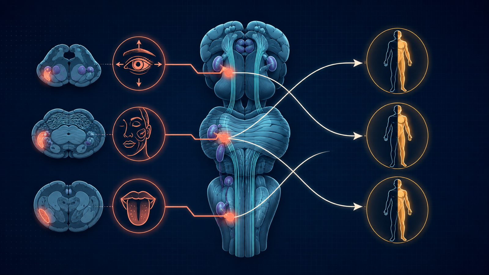 Ilustração conceitual do mesencéfalo, ponte e bulbo com nervos cranianos e tratos longos em padrão cruzado.