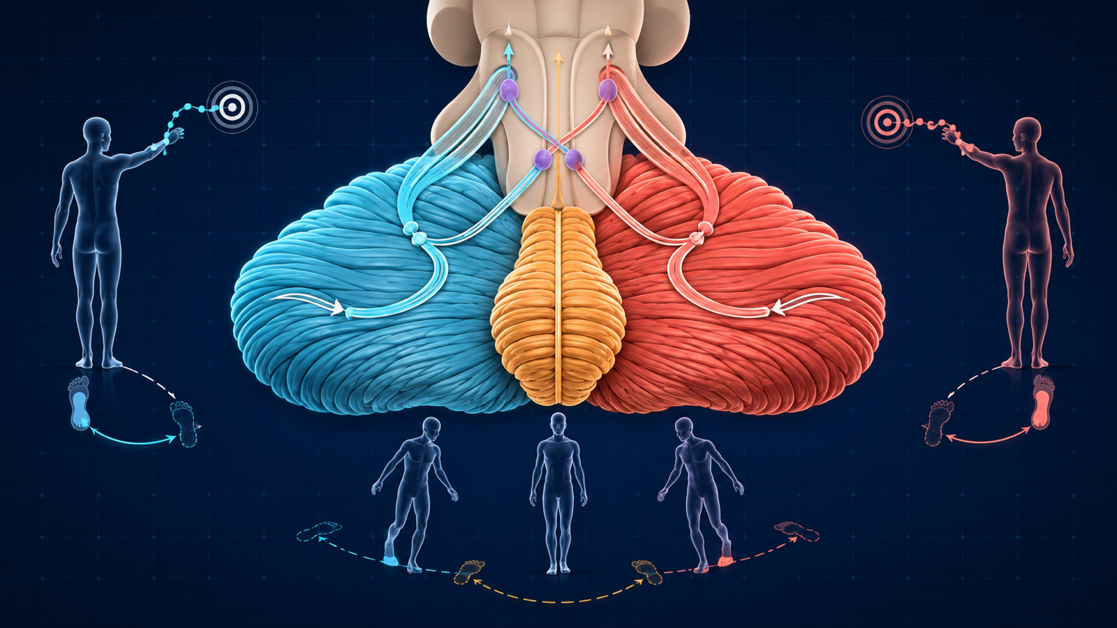 Ilustração conceitual do cerebelo mostrando vermis, hemisférios e conexões responsáveis por controle axial e de membros.