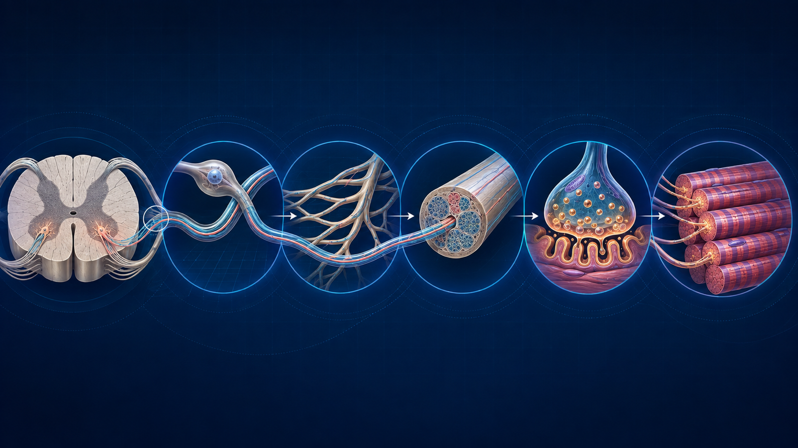 Ilustração conceitual do eixo medula, raiz, plexo, nervo periférico, junção neuromuscular e músculo.