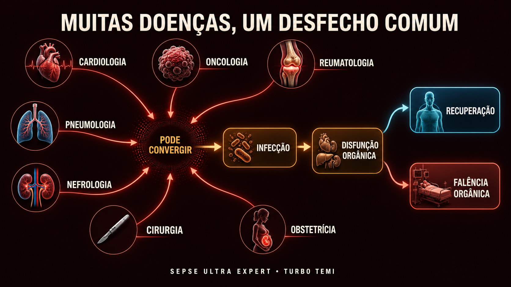 Especialidades e condições clínicas convergindo para infecção, sepse e diferentes desfechos