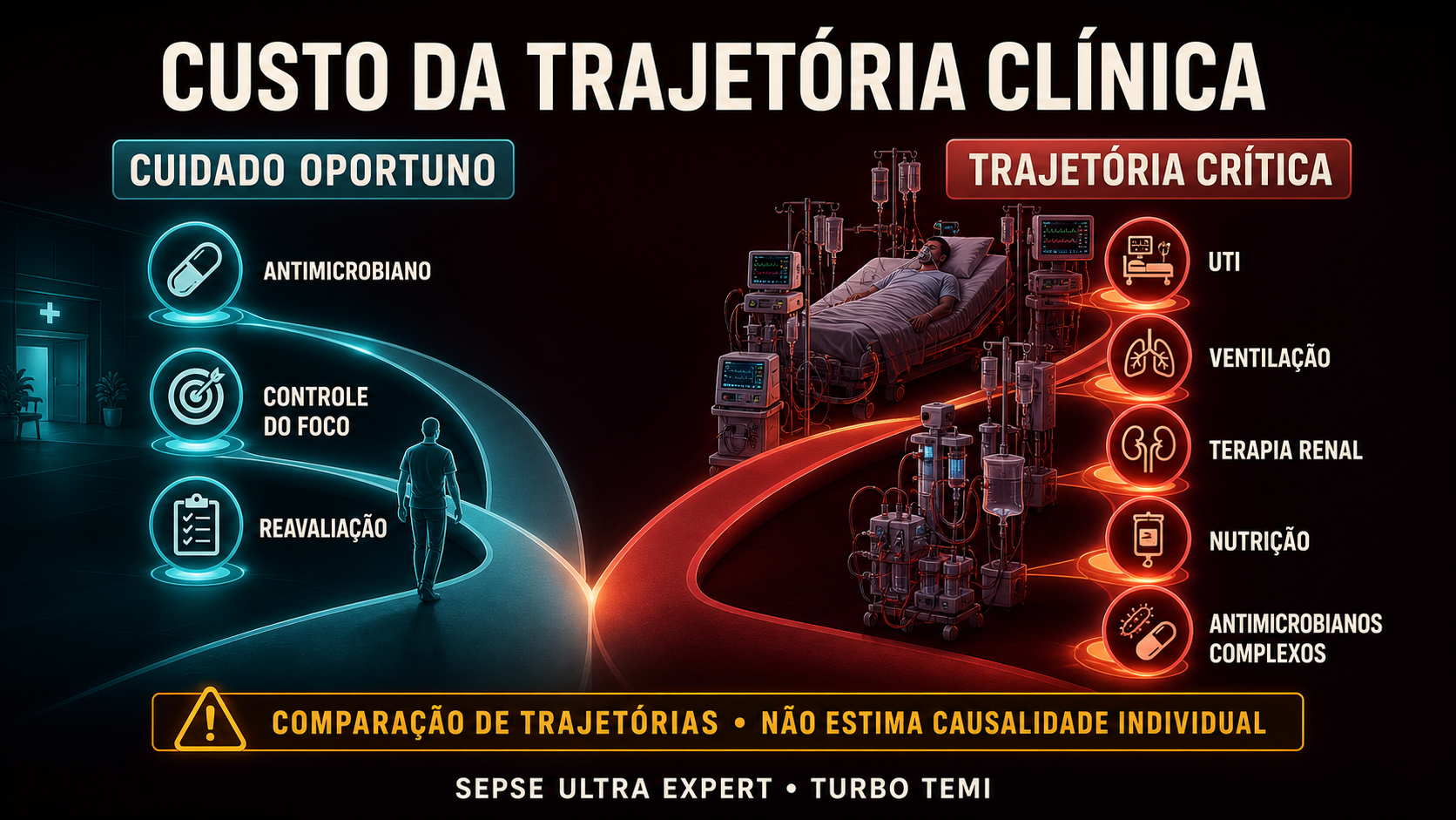 Comparação entre uma trajetória de cuidado oportuno e uma trajetória crítica com múltiplos suportes de UTI
