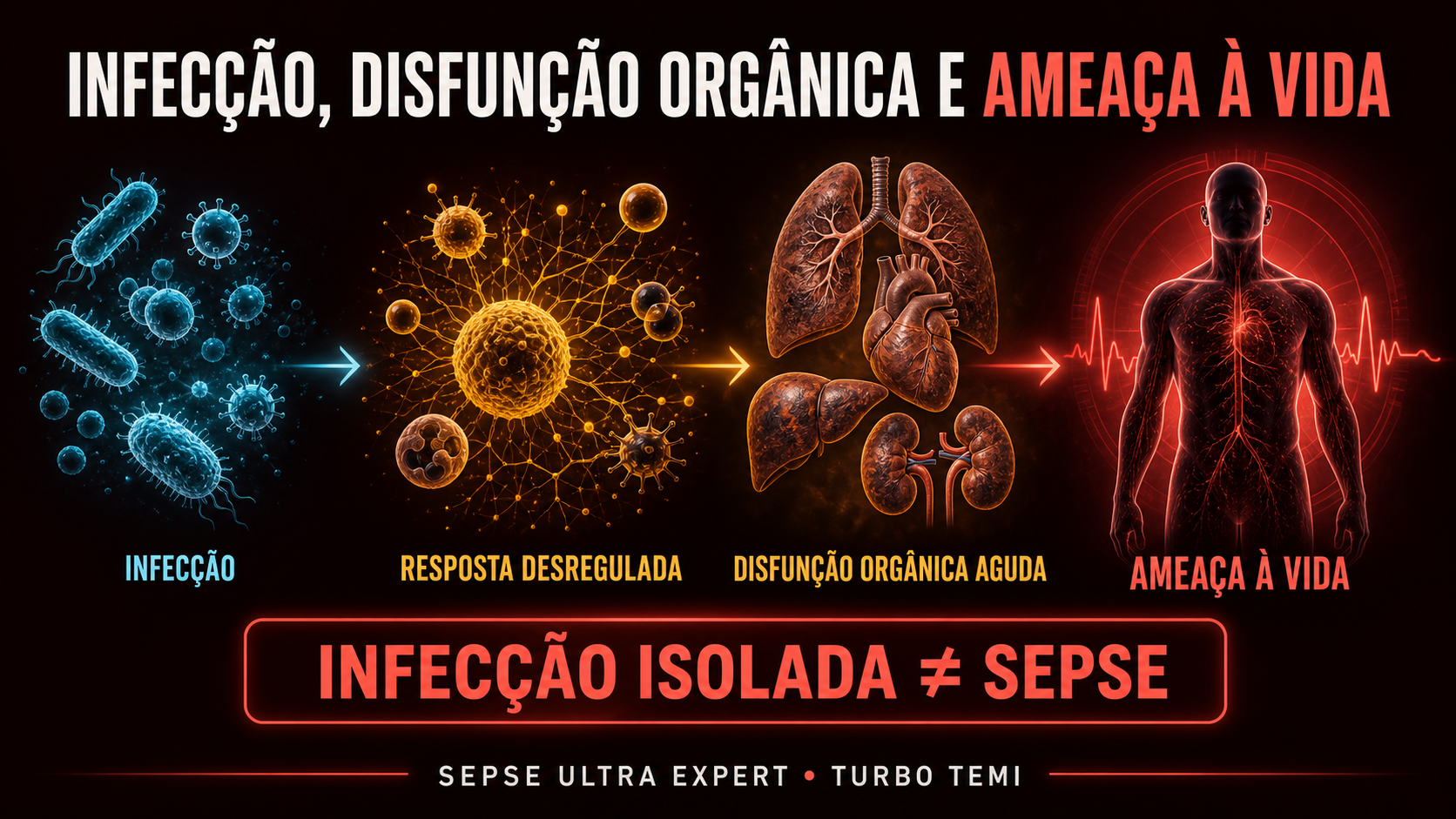 Três camadas conectando infecção, disfunção orgânica aguda e ameaça à vida
