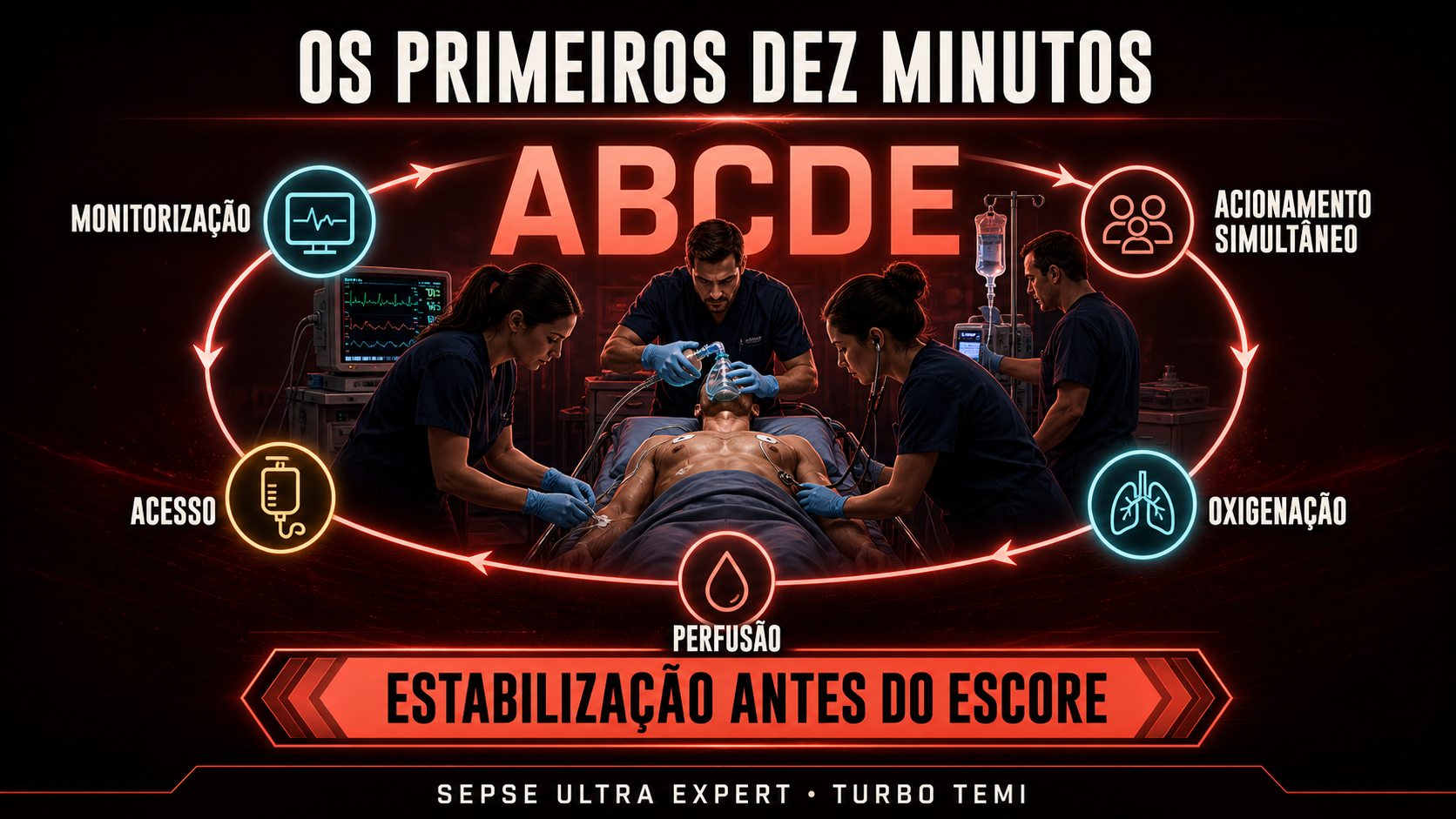 Checklist dos primeiros dez minutos com ABCDE, monitorização, acesso, oxigenação e perfusão