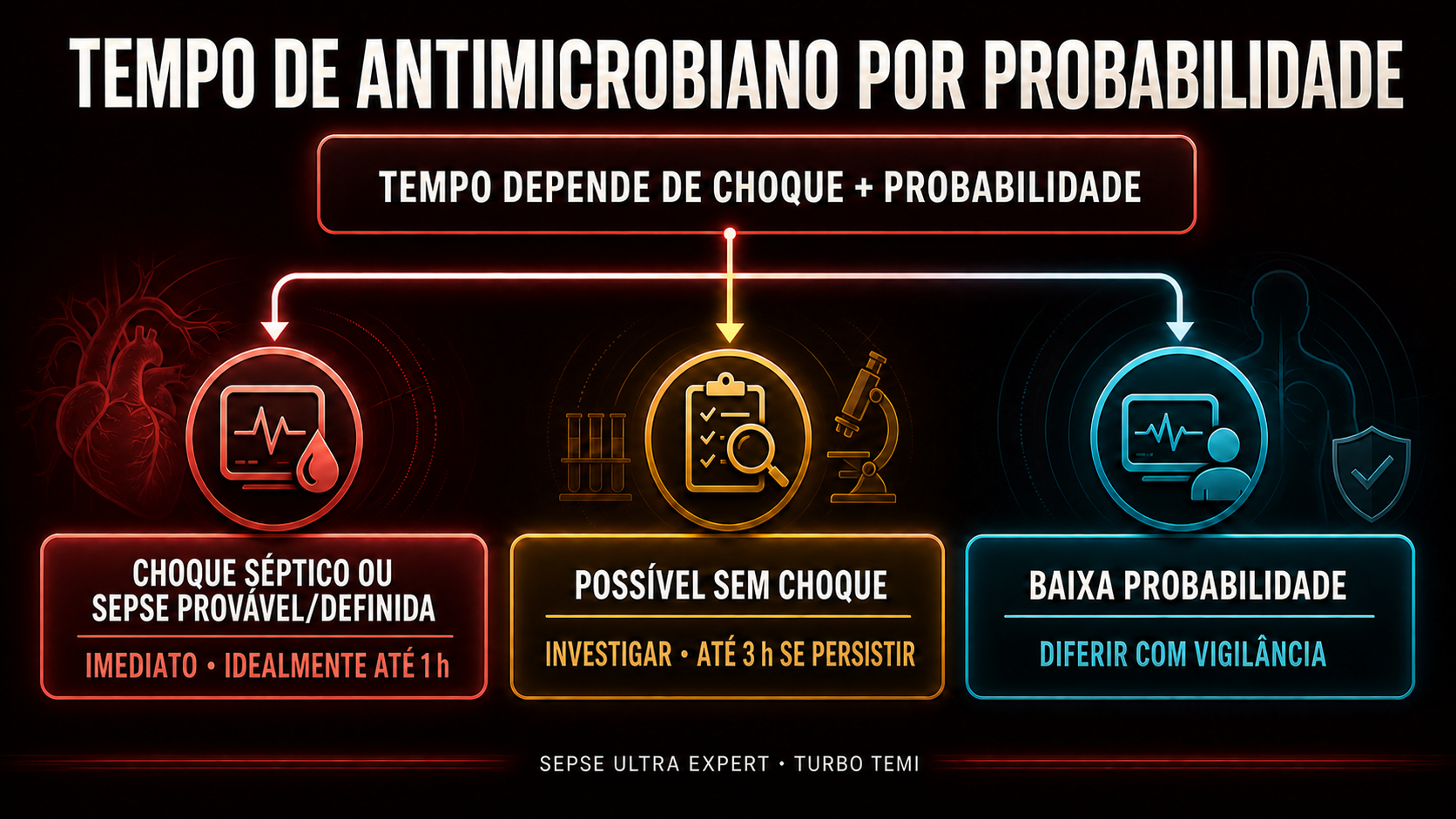 Três trilhas de tempo do antimicrobiano conforme choque e probabilidade de infecção