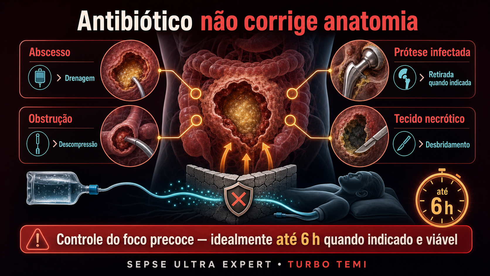Abscesso, prótese infectada, obstrução e tecido necrótico associados a intervenções de controle do foco