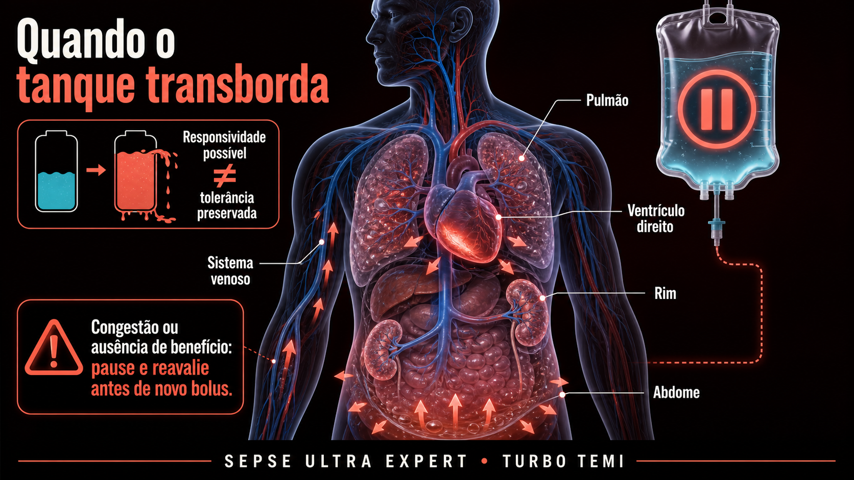 Sinais pulmonares, venosos, cardíacos, renais e abdominais de congestão após fluidos