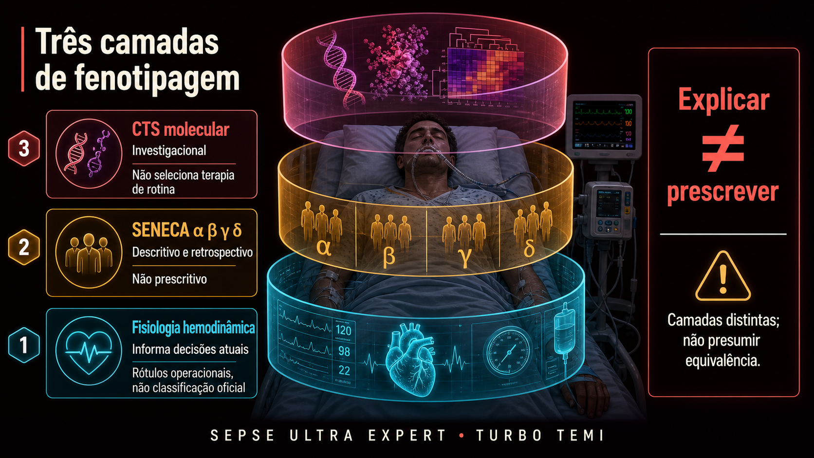 Três camadas separando fisiologia hemodinâmica, fenótipos SENECA e endótipos transcriptômicos