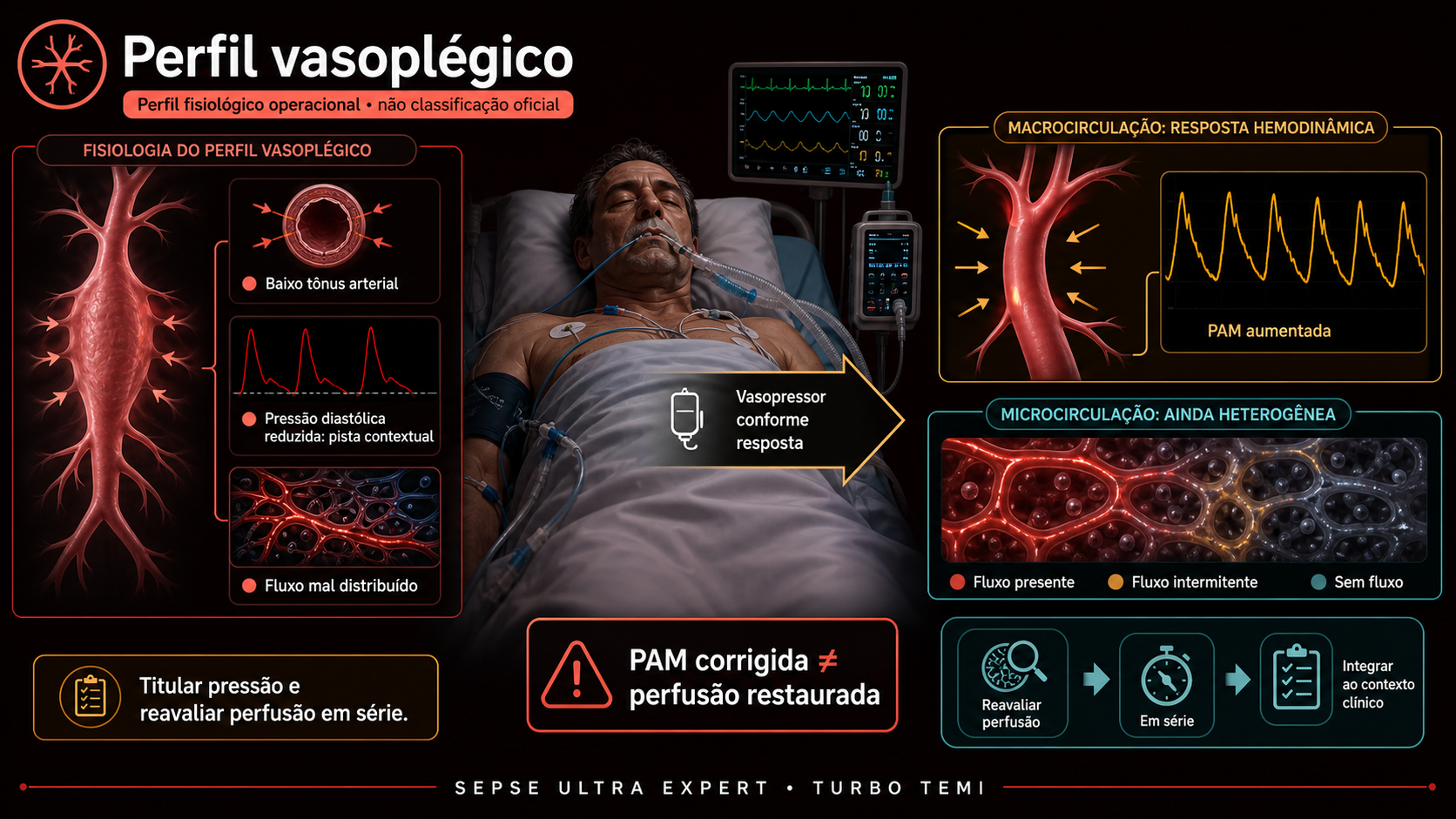 Perfil vasoplégico com baixo tônus arterial e fluxo mal distribuído