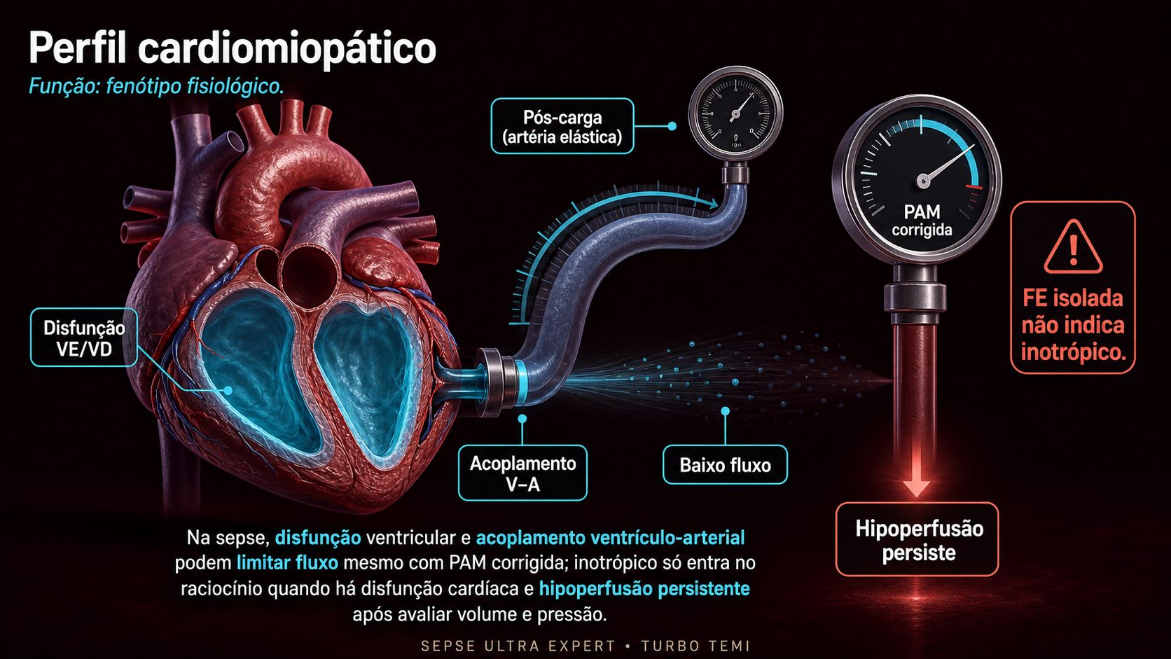 Esquema conceitual de disfunção ventricular e acoplamento ventrículo-arterial na sepse