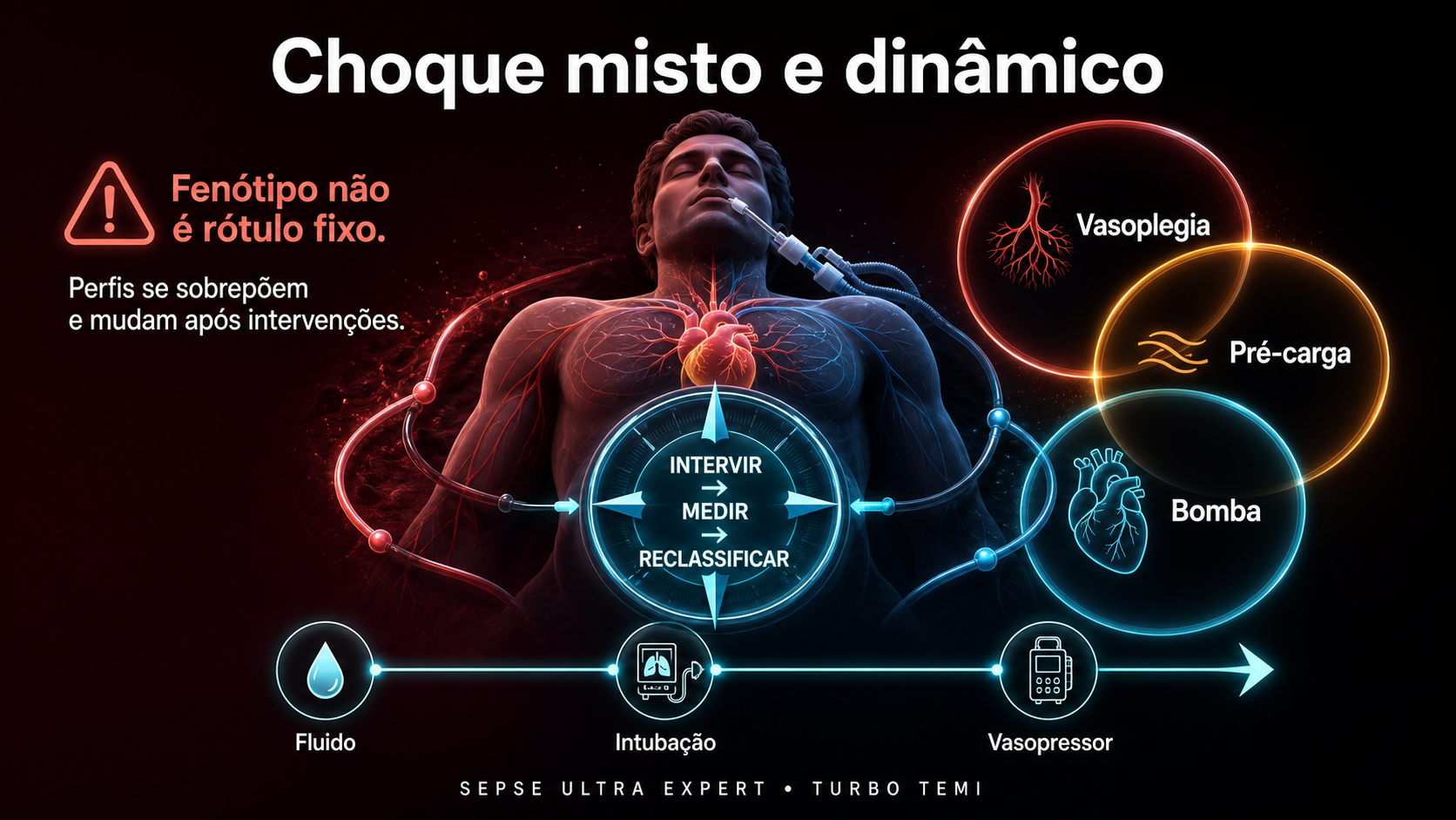 Perfis de choque sobrepostos mudando após fluido, intubação e vasopressor