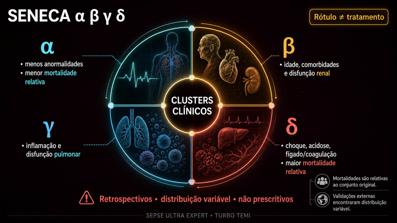 Quatro clusters SENECA alfa, beta, gama e delta com características descritivas