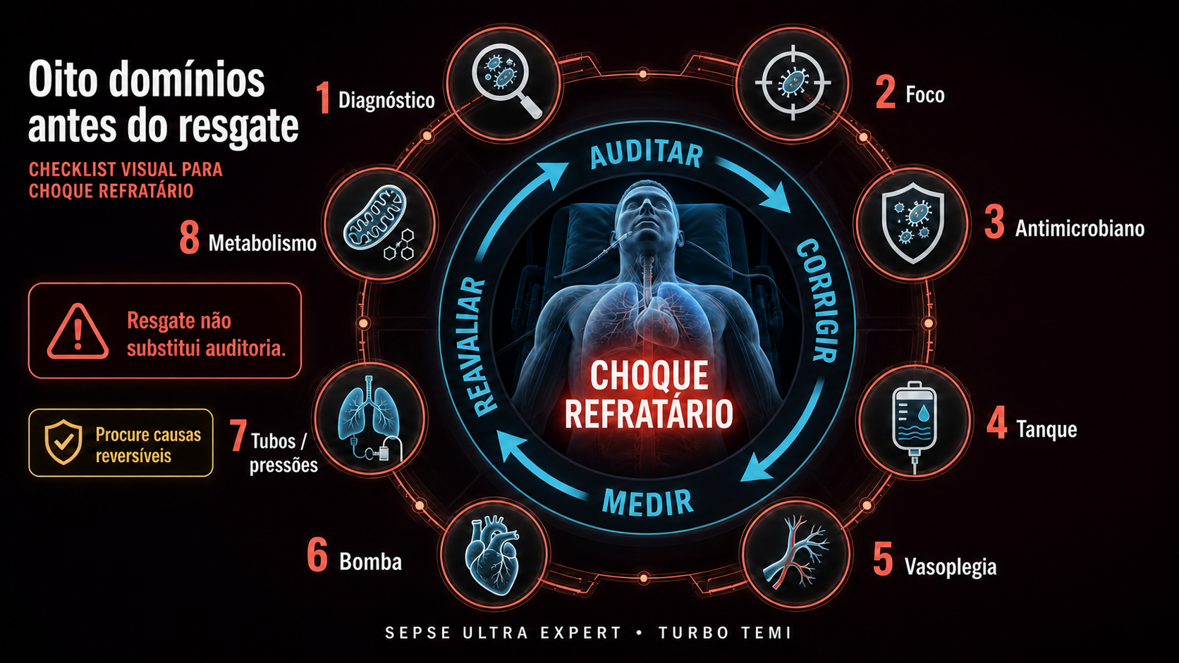 Circuito de oito domínios para auditar choque refratário antes de terapias de resgate