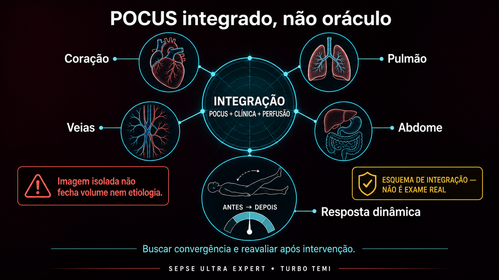 Mapa conceitual integrando POCUS de coração, pulmão, veias e abdome à avaliação clínica