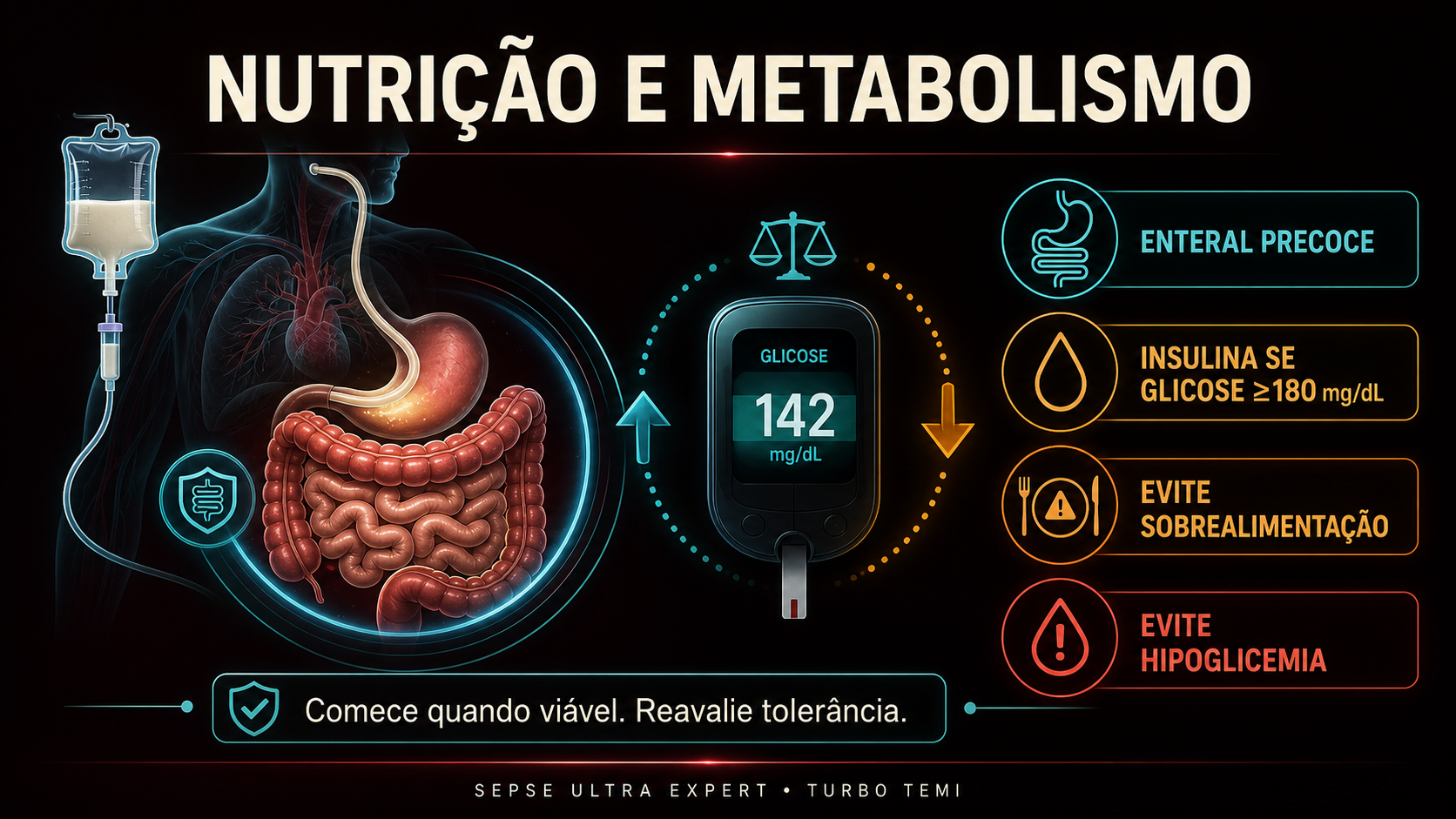 Nutrição enteral precoce, controle glicêmico e riscos metabólicos na sepse