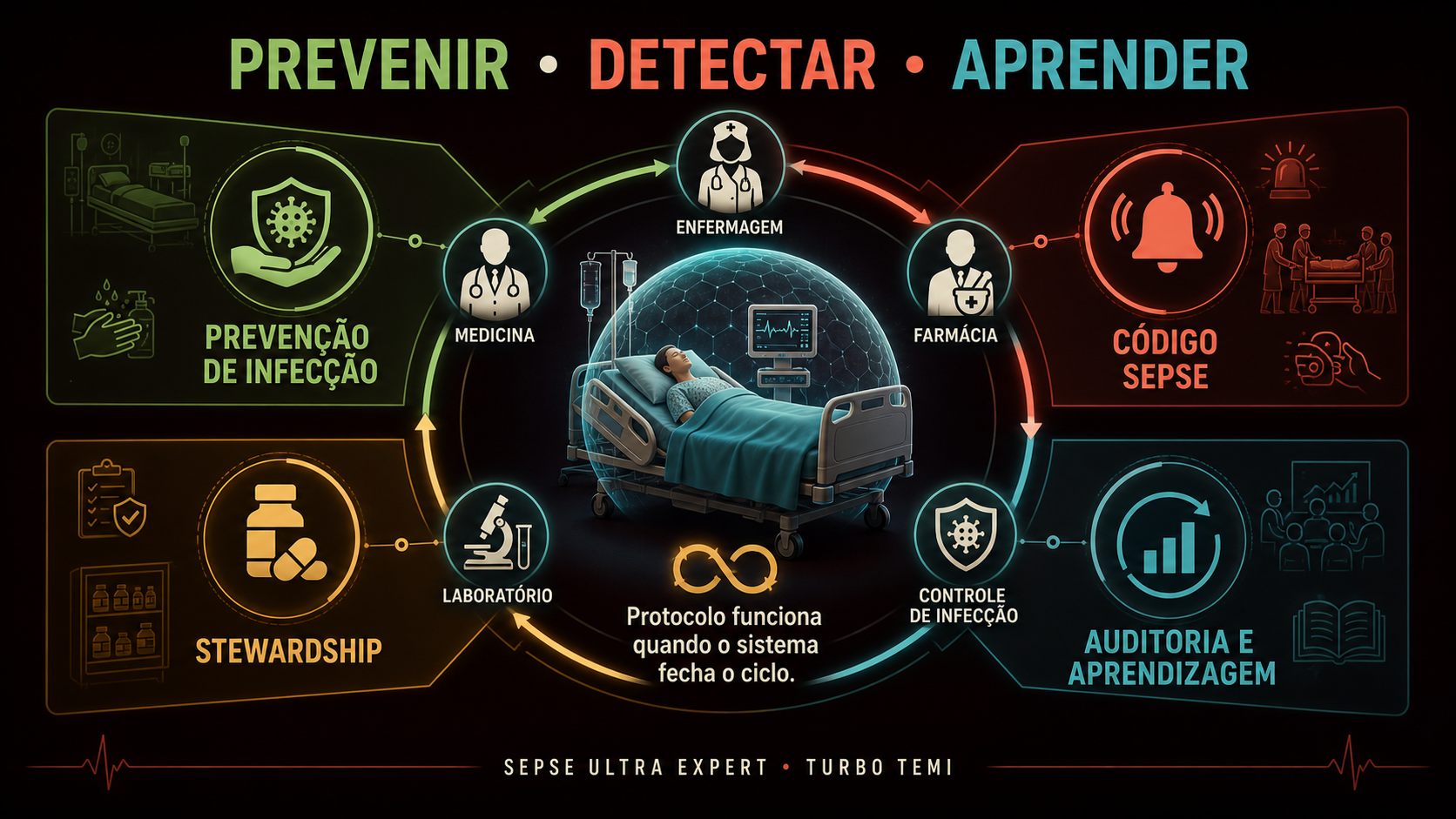 Sistema hospitalar conectando prevenção, código sepse, stewardship, laboratório, farmácia, enfermagem e auditoria