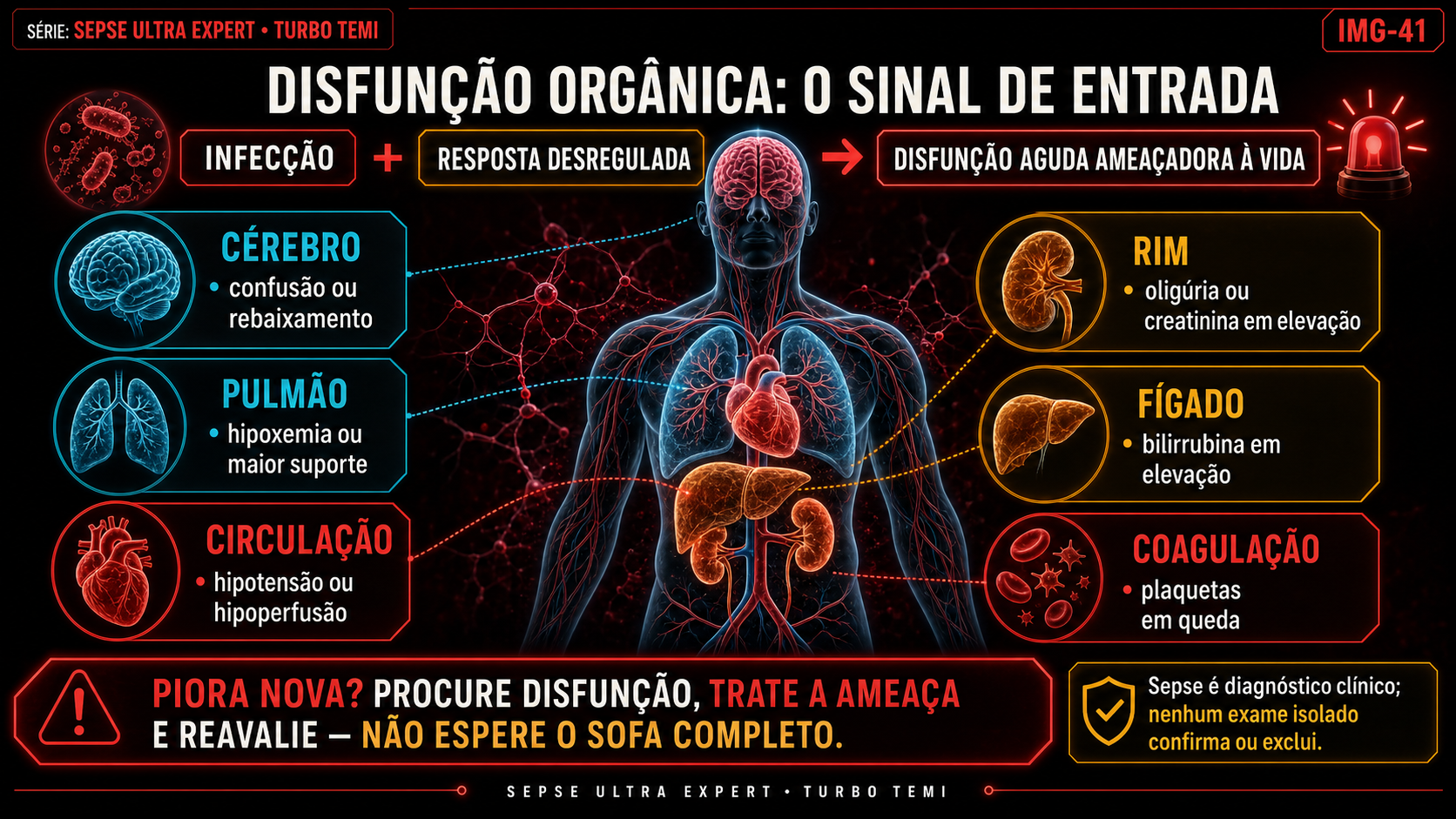 Mapa multiorgânico com manifestações cerebrais, respiratórias, circulatórias, renais, hepáticas e hematológicas de disfunção aguda
