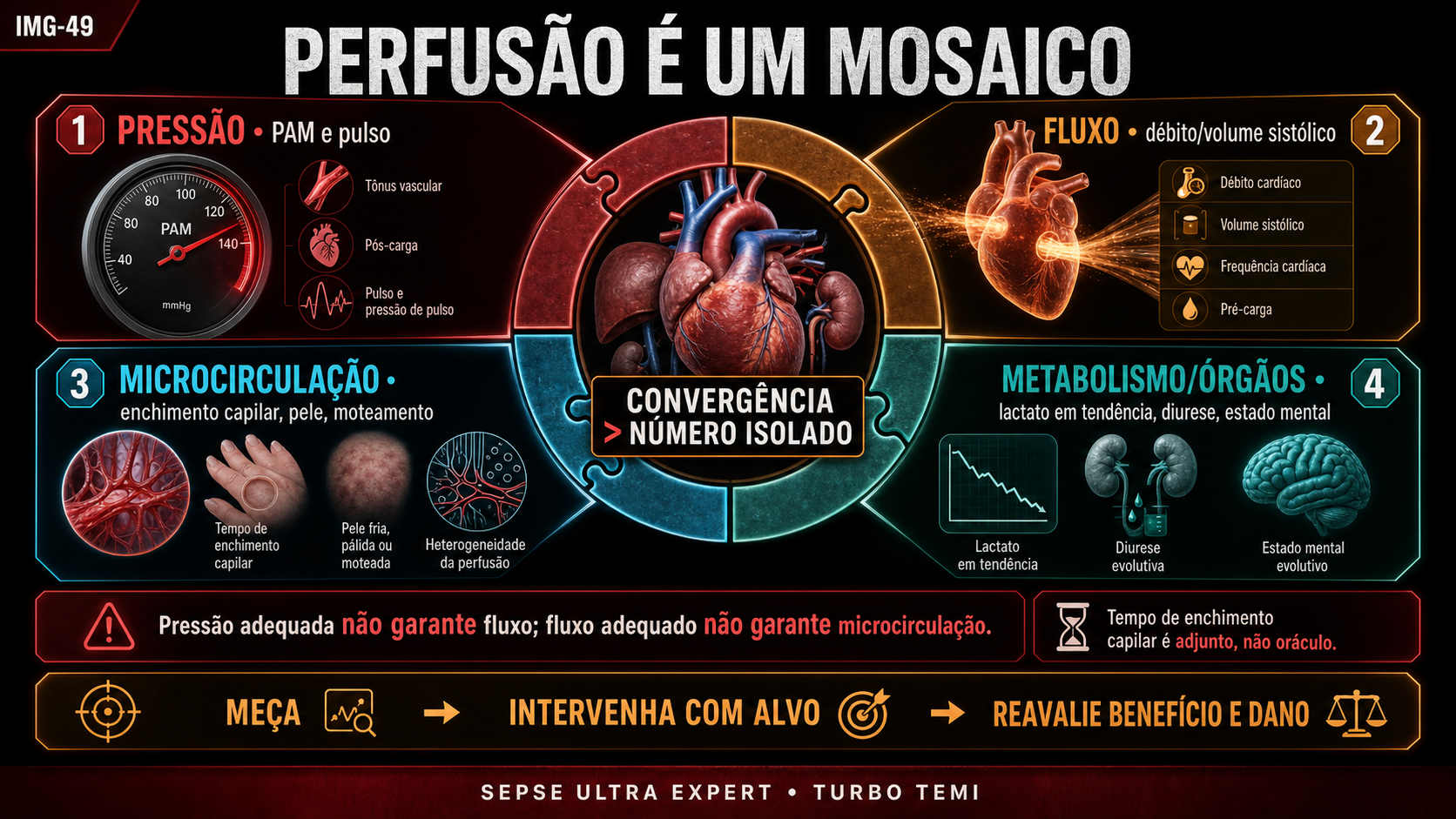 Mosaico hemodinâmico integrando pressão, fluxo, microcirculação e metabolismo ou disfunção orgânica