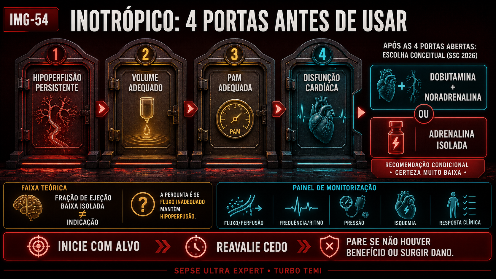 Quatro condições antes de considerar inotrópico: hipoperfusão, volume adequado, pressão adequada e disfunção cardíaca