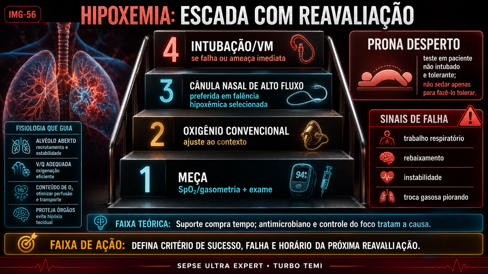 Escada de suporte da hipoxemia na sepse com reavaliação e gatilhos de falha