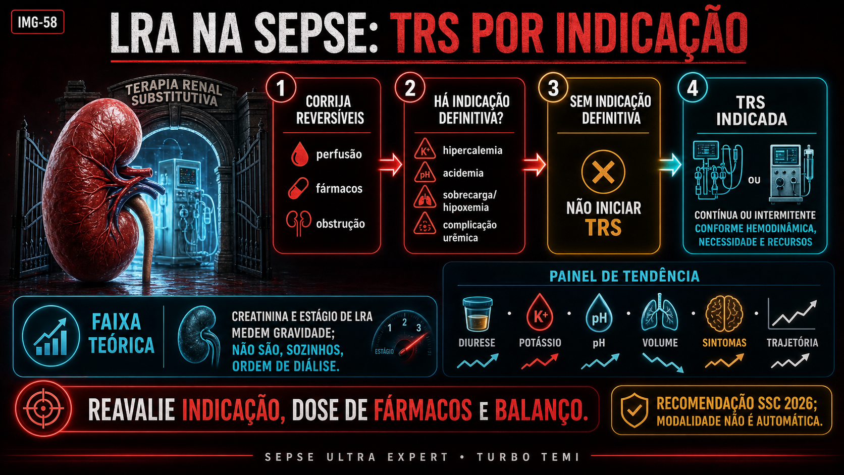 Avaliação da lesão renal aguda e início de terapia renal substitutiva somente quando houver indicação estabelecida