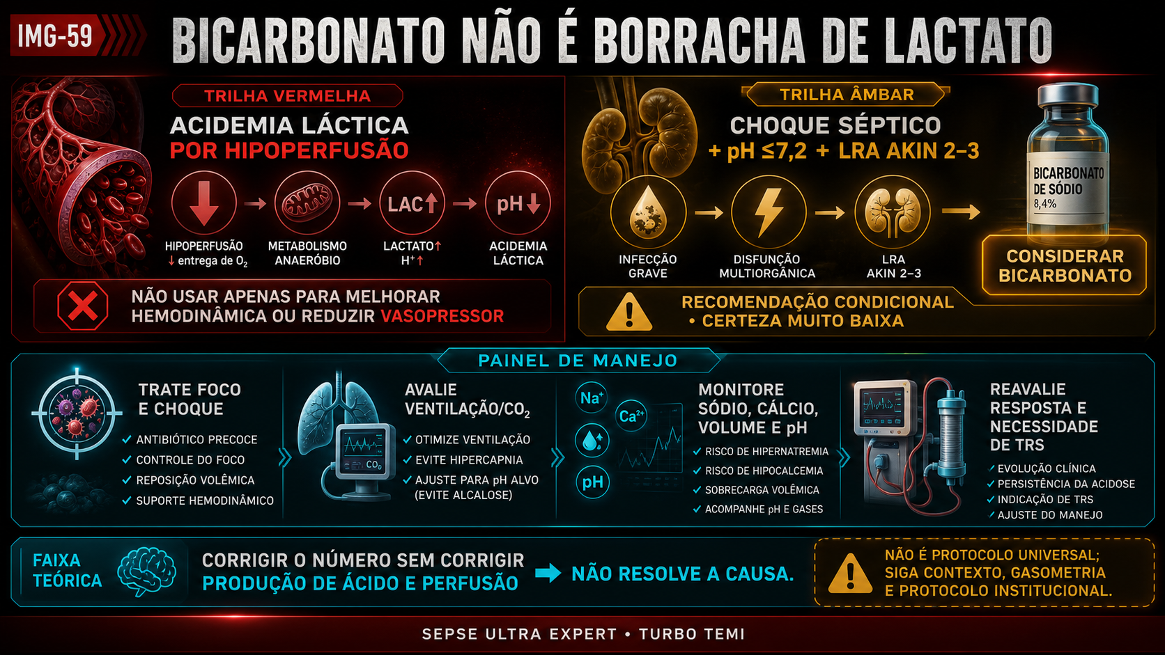 Limites do bicarbonato na acidemia láctica e contexto específico de choque séptico com acidemia grave e lesão renal aguda