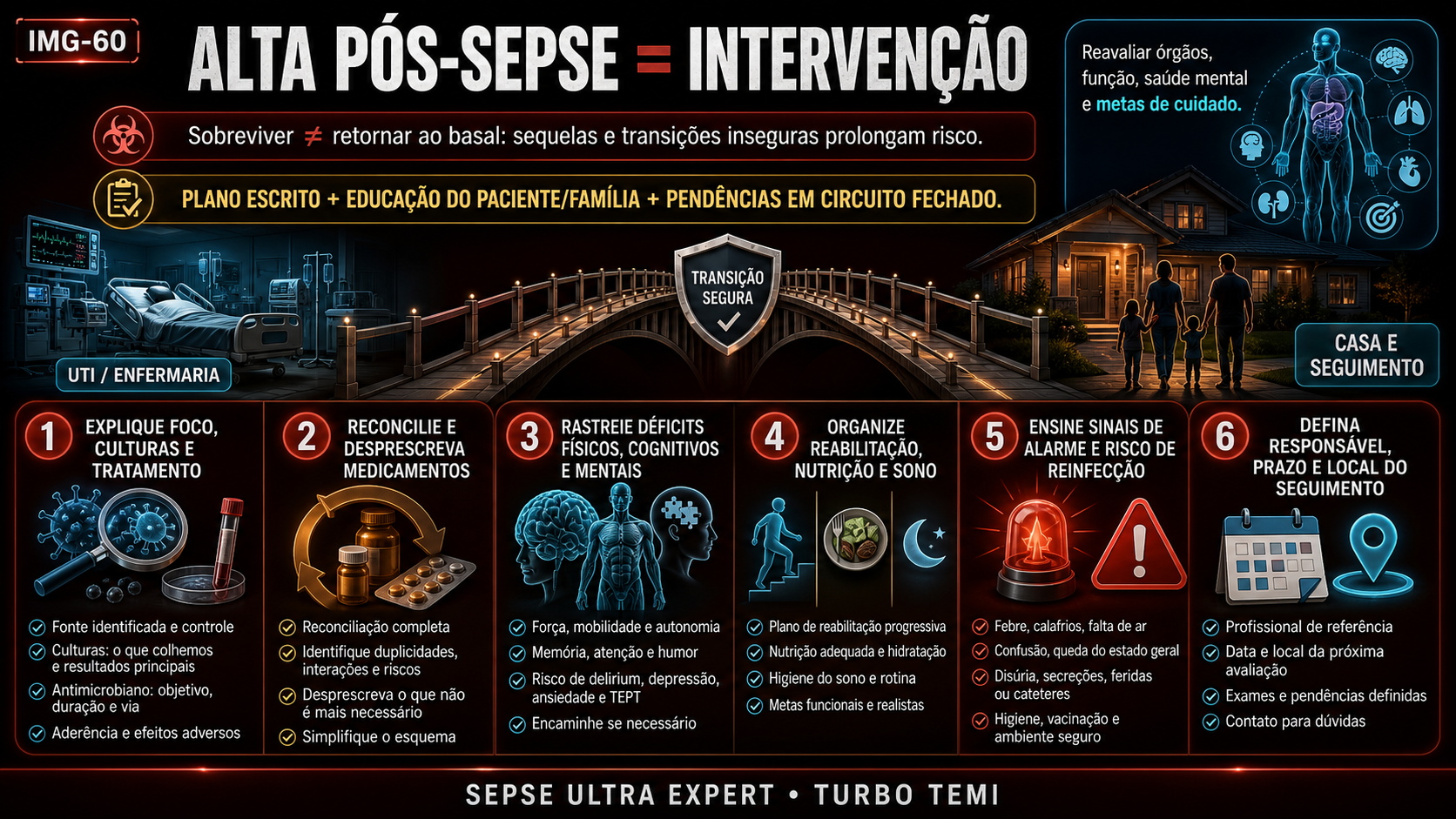 Seis pilares para transição segura e recuperação após sepse