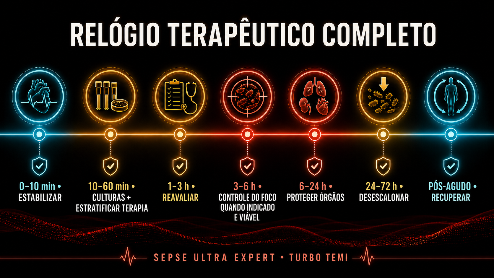 Linha do tempo da sepse dos primeiros dez minutos ao período pós-agudo
