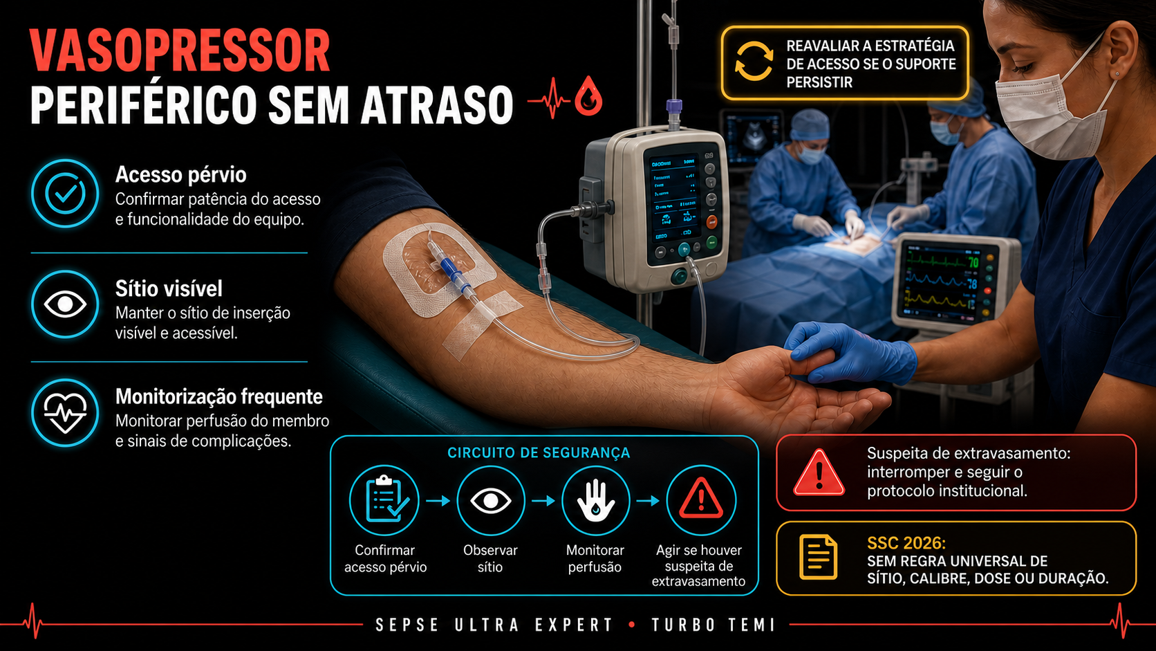 Noradrenalina periférica em acesso pérvio, com sítio visível e monitorização frequente