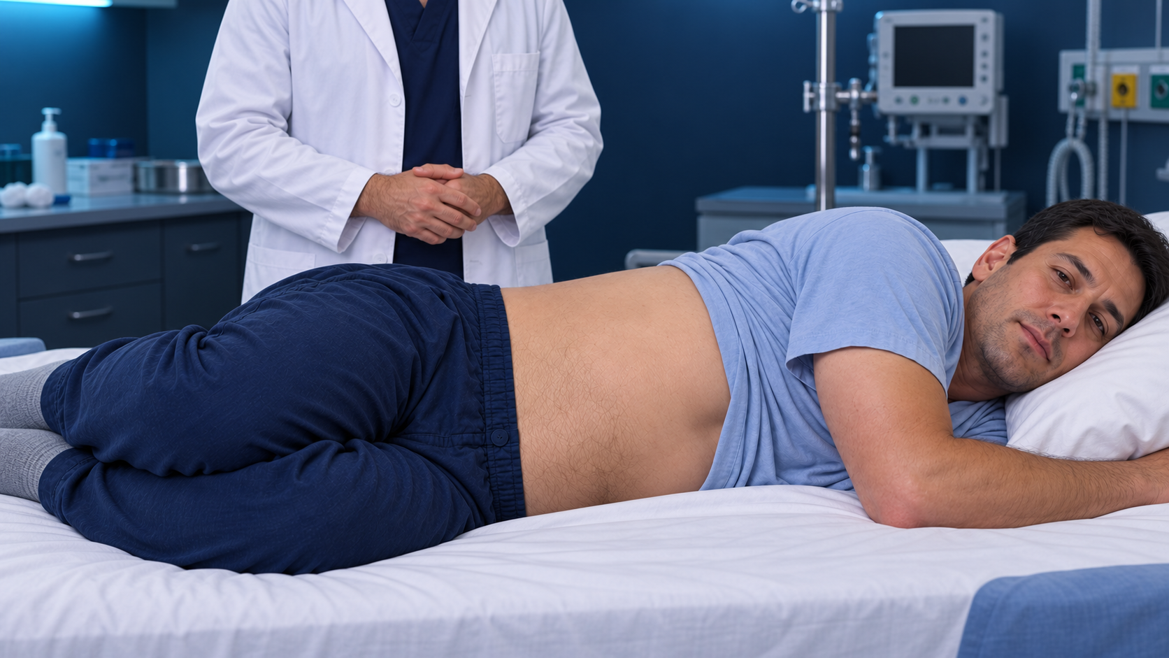 Modelo humano adulto em decúbito lateral esquerdo, com flanco direito superior exposto e examinador ao lado, antes de repetir a percussão para pesquisar macicez móvel.