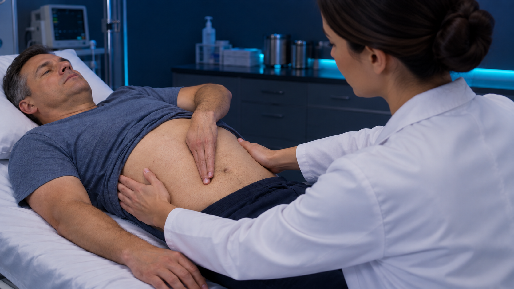 Modelo humano adulto em decúbito dorsal com a própria mão em borda sobre o abdome e examinadora com uma mão em cada flanco, preparando a pesquisa da onda líquida.