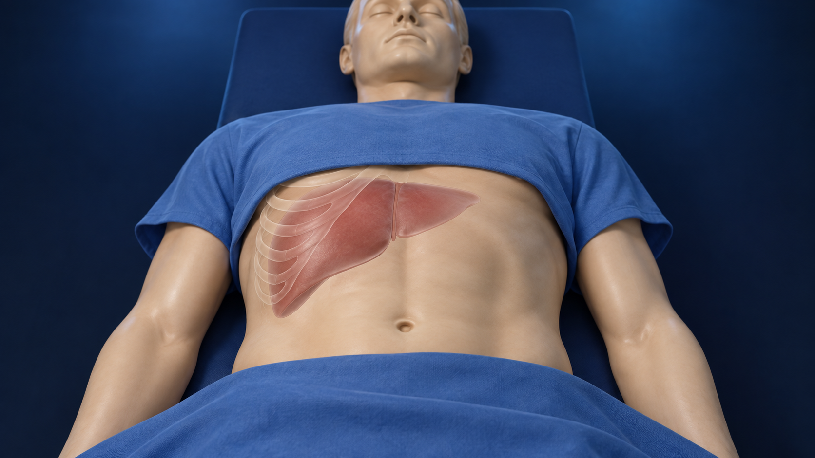 Modelo anatômico humano 3D em decúbito dorsal, com projeção esquemática do fígado predominantemente no hipocôndrio direito, à esquerda de quem observa de frente; tórax e pelve cobertos.